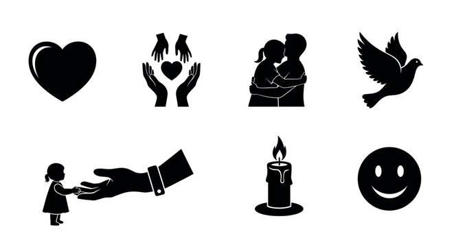 Black silhouette icons of a heart, helping hands, embracing couple, flying dove, supporting hand, candle, and smiling face depicting love and care.