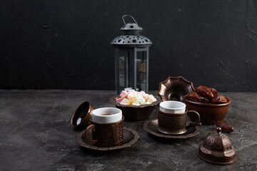 Traditional Turkish tea with dates and lokum for Ramadan Iftar