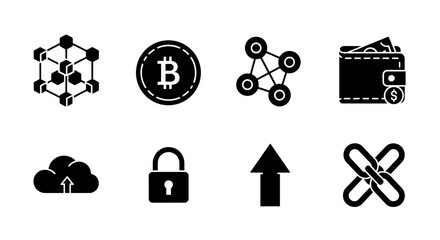 Various black icons representing blockchain, cryptocurrency, digital wallets, cloud storage, security, and data uploading and linking.