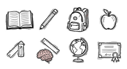 Black and white sketch of educational items including a book, pencil, backpack, apple, ruler, brain, globe, and certificate.