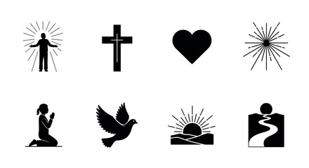 Set of eight black silhouette icons representing religious and spiritual symbols, including a praying person, dove, cross, heart, and sunburst.