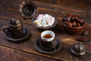 Traditional Turkish tea with dates and lokum for Ramadan Iftar