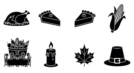 Black silhouette icons of thanksgiving items including turkey, pumpkin pie, corn, harvest basket, family dinner, candle, maple leaf, and pilgrim hat.