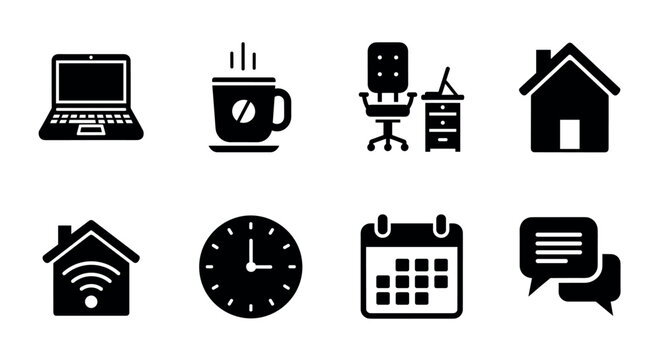 A collection of black silhouette icons depicting a laptop, coffee cup, office chair with desk, house, house with wi-fi, clock, calendar, and speech bubbles.