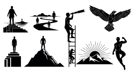 Silhouettes of human figures engaging in various activities such as climbing, running, observing, and standing in different poses, alongside a flying bird and a rising sun.