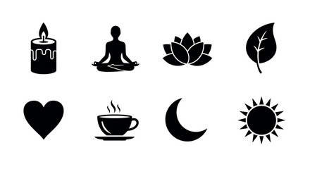 Set of eight black silhouette icons including a candle, meditating figure, lotus flower, leaf, heart, teacup, crescent moon, and sun.