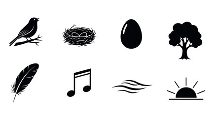 A collection of eight black silhouette icons representing nature elements, including a bird, nest, egg, tree, feather, musical note, wind, and sun.