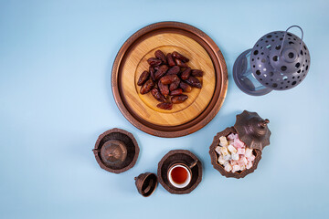 Traditional Turkish tea with dates and lokum for Ramadan Iftar