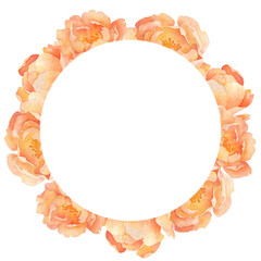 Round frame of lush orange roses. Watercolor illustration hand drawn and isolated on a white background. Ideal for postcards, wedding invitations or other celebrations, polygraph, textile, tableware.