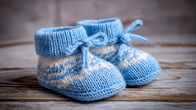 “Tiny knitted blue booties for baby, stock image.”