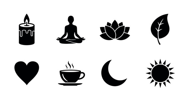 Set of eight black silhouette icons including a candle, meditating figure, lotus flower, leaf, heart, teacup, crescent moon, and sun.