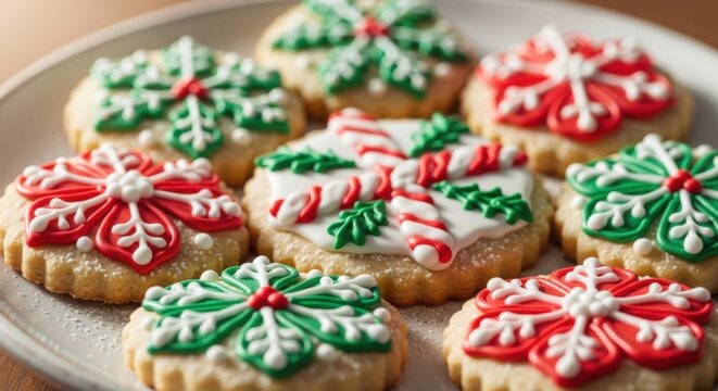 Close-up of freshly baked Christmas sugar cookies with detailed icing, powdered sugar dusting, warm golden tones, and cozy natural window light in ultra-realistic food photography