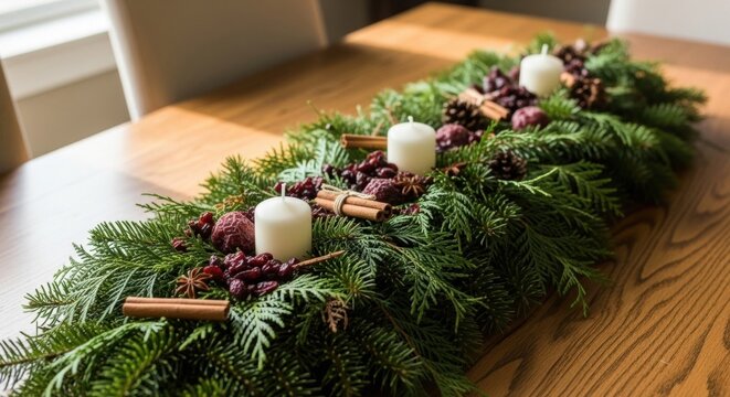 Natural Christmas table centerpiece with real evergreen branches, cedar sprigs, dried cranberries, cinnamon sticks, and white pillar candles on rustic wooden table in soft daylight