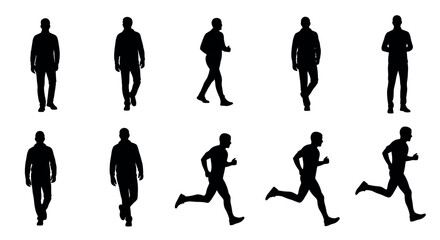 Silhouettes of men in various poses, including walking, standing, and running, captured in black on a plain background.