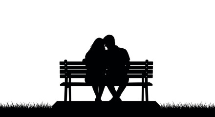 Silhouette of a couple sitting closely together on a bench, sharing an intimate moment, surrounded by grass.