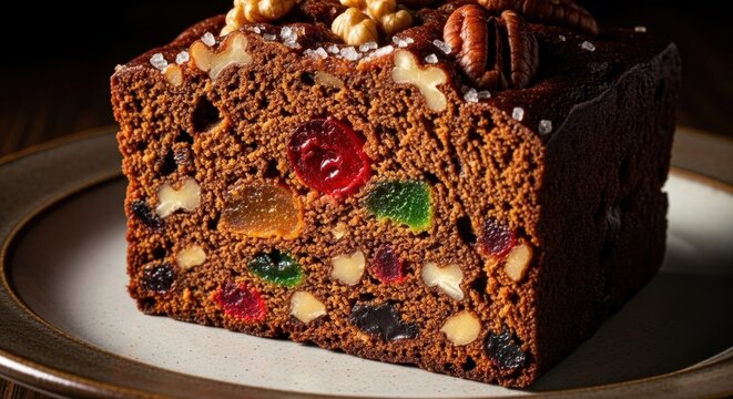 Macro close-up of traditional Christmas fruitcake slice with colorful candied fruit, nuts, and rich moist crumb texture on elegant ceramic plate in realistic side lighting