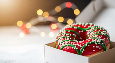 Red Christmas donut with sprinkles in a white box on table  