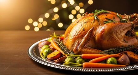 Roasted turkey with vegetables on silver platter for festive dinner  