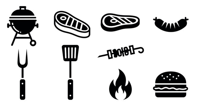 Black silhouette icons depicting a barbecue grill, steaks, spatula, fork, skewer, sausage, flame, and hamburger, representing various elements of outdoor cooking.