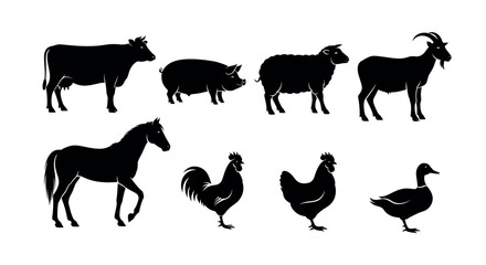 Black silhouette illustrations of various farm animals including a cow, pig, sheep, goat, horse, rooster, hen, and duck in side view.