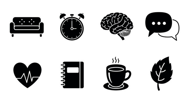 Eight black silhouette icons representing a couch, alarm clock, brain, speech bubbles, heart rate monitor, notebook, steaming coffee cup, and a leaf.