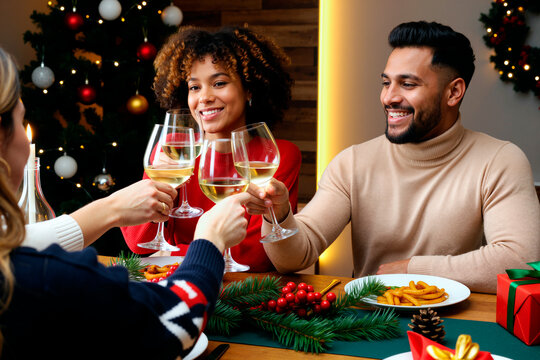 Young Black woman and young Caucasian man smiling while clinking wine glasses with friends during festive holiday dinner, Christmas tree and decorations visible in background, celebrating together