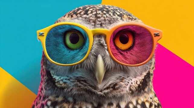 An owl is sporting trendy glasses with colorful lenses on a vivid background showcasing its playful side.