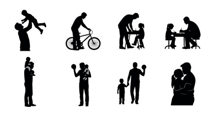 Silhouettes of adult males interacting with children in various activities, such as playing, cycling, and teaching, illustrating bonding and family relationships.