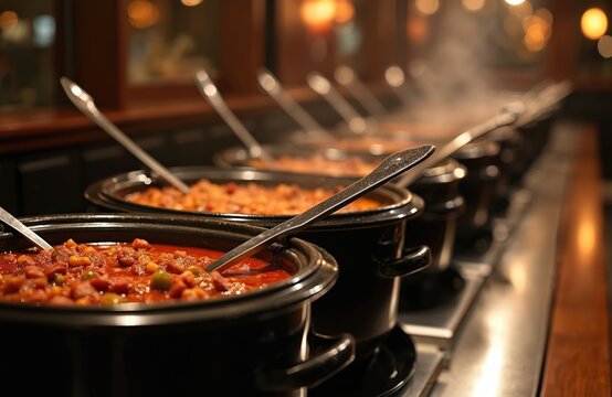 Row of pots with chili ready for tasting at event. Ladles rest in each pot. Steam rises above the hot meals ready to serve. Restaurant or event catering concept.