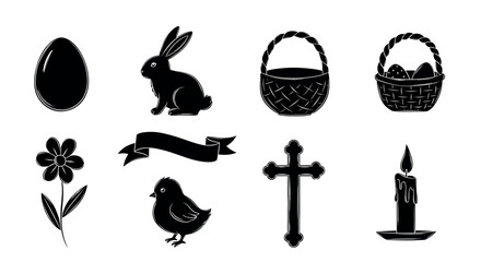 Black silhouette set of easter symbols featuring an egg, rabbit, baskets with eggs, flower, banner, chick, cross, and candle.