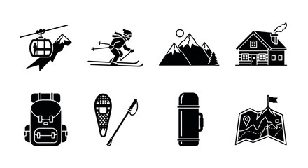 Black silhouette icons depicting skiing, mountain cable car, winter sports gear, and a cabin, representing various aspects of outdoor adventure and exploration.
