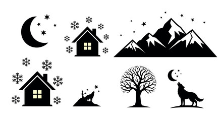 Black silhouette icons of winter scenes, including snowy houses, a howling wolf, a barren tree, and mountains with stars and crescent moon.
