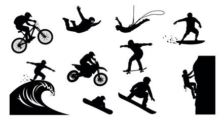 Silhouettes of individuals engaging in extreme sports, including biking, skydiving, surfing, skateboarding, and rock climbing.