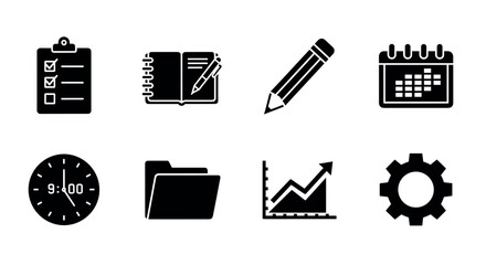 Set of black icons depicting a checklist clipboard, notebook with pencil, pencil, calendar, clock, folder, upward graph, and gear for organization and planning.