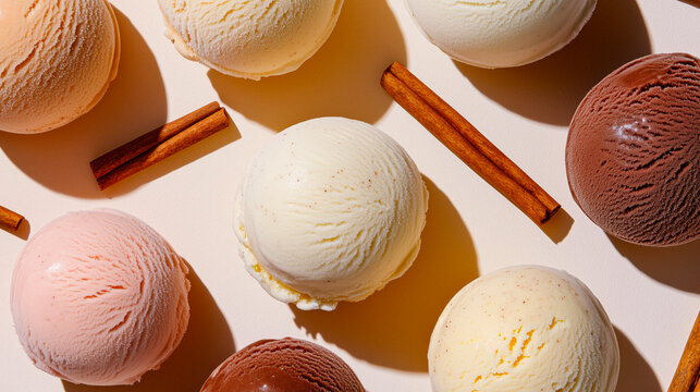 Flat lay of colorful ice creams in autumn-inspired tones with cinnamon sticks arranged decoratively, cinematic lighting and crisp detail, palette of chestnut brown, golden amber and ivory cream