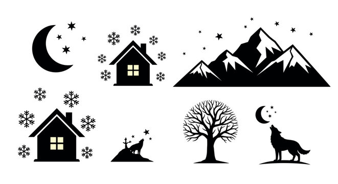 Black silhouette icons of winter scenes, including snowy houses, a howling wolf, a barren tree, and mountains with stars and crescent moon.