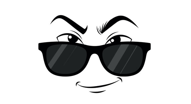 Cartoon face with expressive eyes and a mischievous smile wearing large, black sunglasses.