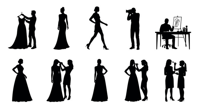 Silhouette collection of various fashion-related activities including design, modeling, and photography, featuring men and women in stylish poses.