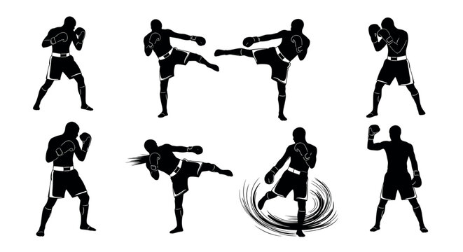 Silhouettes of male boxers and kickboxers in various fighting poses, showcasing diverse martial arts techniques and dynamic movements.