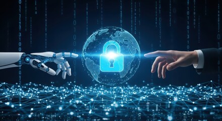 Global Cybersecurity and AI Partnership: Robot Hand and Human Hand Touching Near a Digital Lock on a Globe, Representing Data Protection and Technology Security.