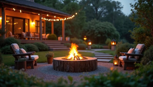 Warm firepit glows on rich backyard patio at twilight. Cozy chairs invite relaxation near outdoor living space. String lights illuminate wooden deck. Gentle evening ambiance.