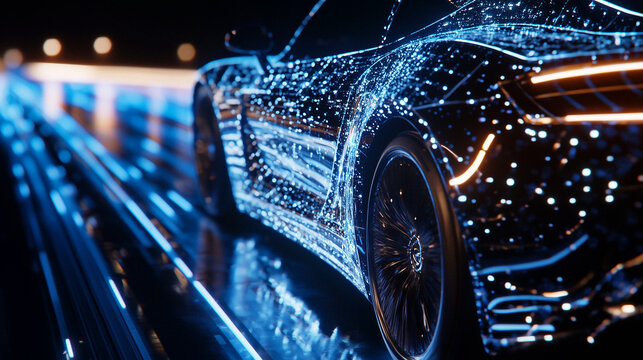 Photorealistic software-defined vehicle driving on a glowing digital highway, futuristic textures and neon reflections, palette of electric blue, chrome silver, and graphite black, technology concept