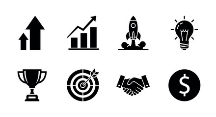 Black icons representing growth, business success, and innovation, set against a plain background.