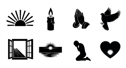 Black silhouette icons depicting a sunrise, lit candle, praying hands, flying dove, open window, sun over water, kneeling person in prayer, and a heart with a light.