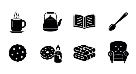 Simple black icons of a steaming coffee cup, a kettle with a handle, an open book, a spoon, a cookie, a donut with a candle, folded towels, and an armchair.