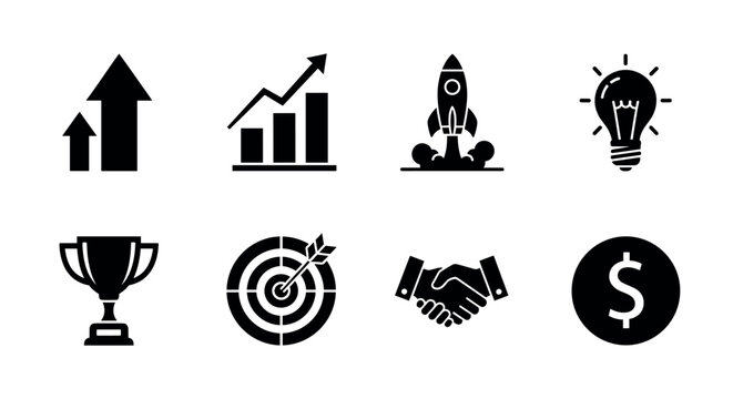 Black icons representing growth, business success, and innovation, set against a plain background.
