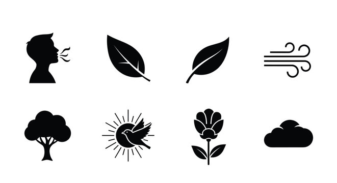 Black outline vector icons depicting a person blowing air, leaves, wind, tree, bird, flower, and cloud, symbolizing nature and elements.