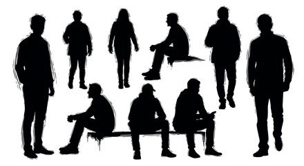 Nine silhouetted figures of varying genders and ages, standing or sitting, highlighting diverse postures and interactions.