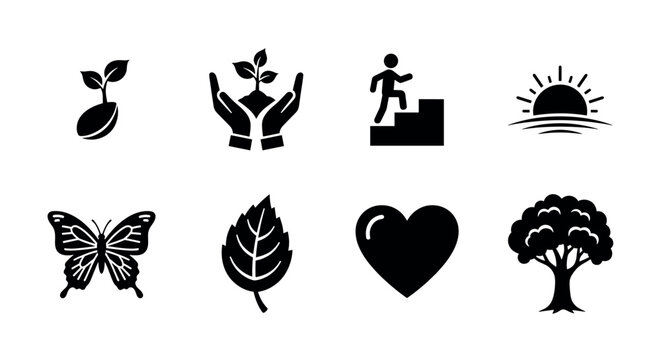 Collection of black silhouette icons depicting a sprouting seedling, hands nurturing a plant, person climbing stairs, sunset, butterfly, leaf, heart, and tree.