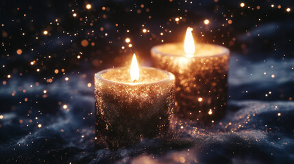 Surreal vision of candles floating in the night sky, ethereal glow and mystical atmosphere, palette of spectral gold, misty silver, and twilight indigo, conceptual dreamcore illustration, AI generated